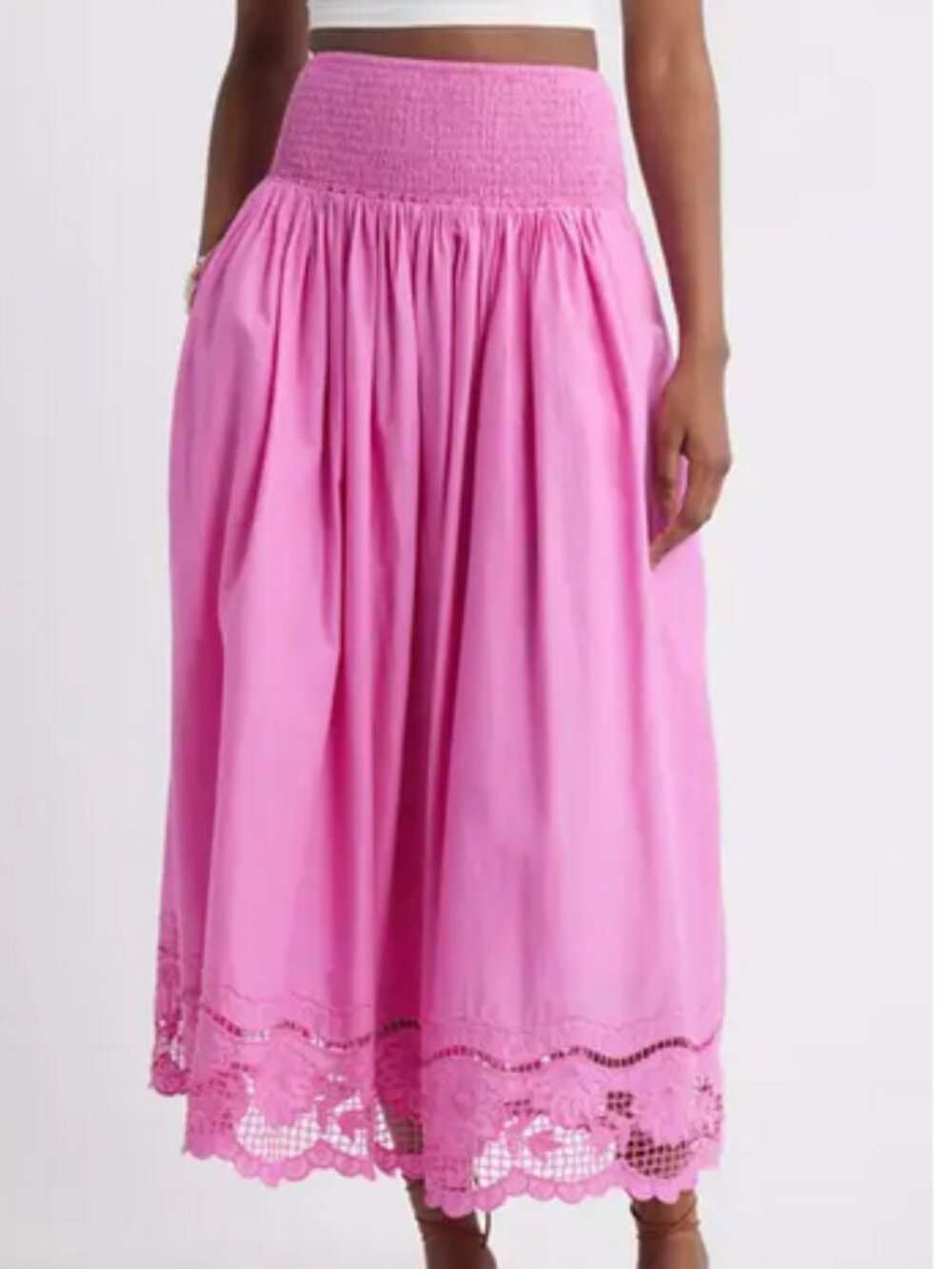 Treasure & Bond Embroidered Eyelet Cotton Smocked Waist Skirt "Pink Surprise"
